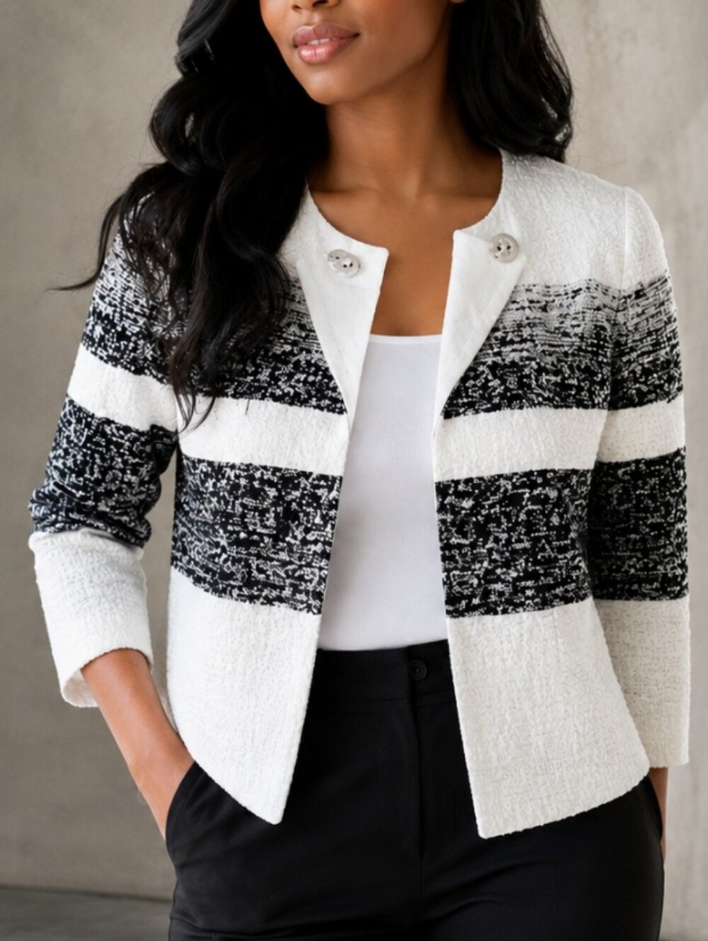 Vintage Tweed Black Stripe White Lace Boucle Puff Sleeve Crop Jacket Small